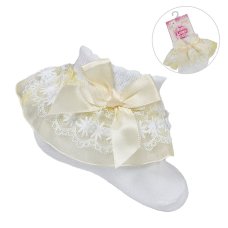 S115-WL: White Lace Socks w/Lemon Flower Trim & Bow (NB-18 Months)